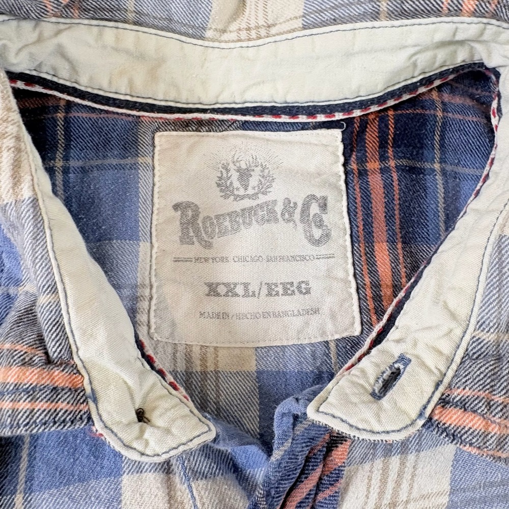 Roebuck & Co Flannel Shirt Mens XXL Blue Plaid Western Pearl Snap Cotton Rodeo - Picture 5 of 7
